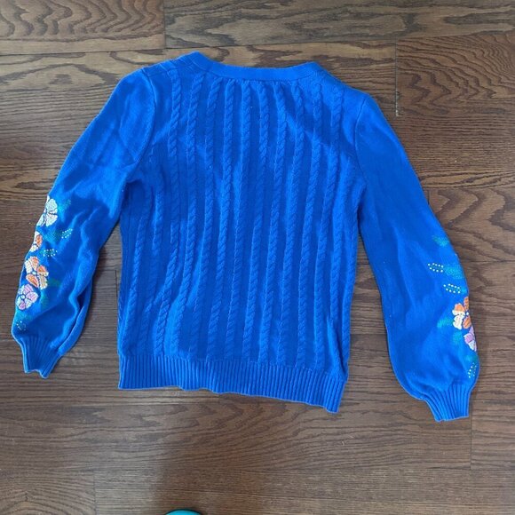 Talbots Blue Cable Knit Floral Embroidered Button Front Cardigan Size XS Relaxed - Picture 13 of 14